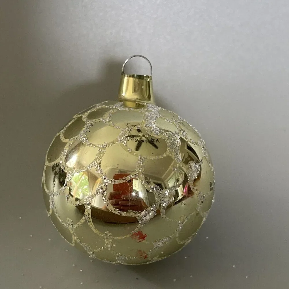 Vintage Hand Painted Blown Glass Christmas Ornament Gold With Scalloped Glitter